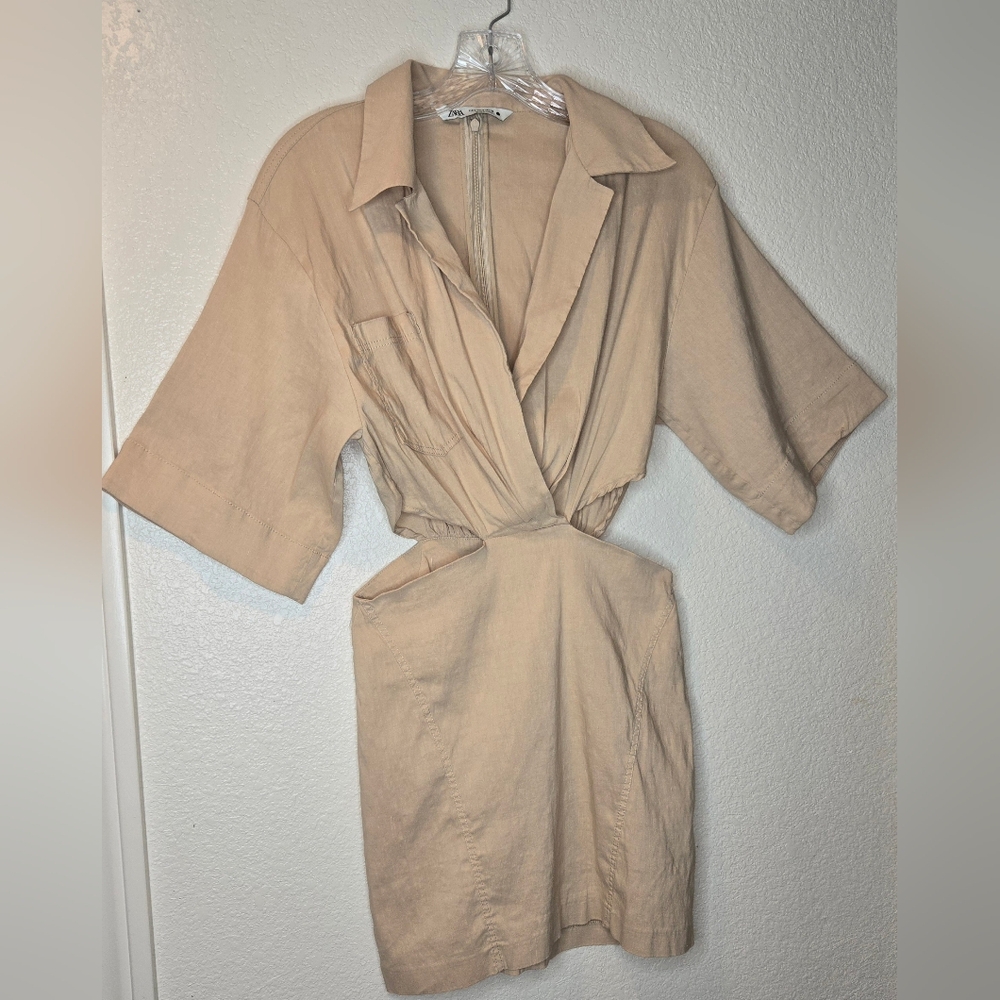 Zara Linen Blend Cutout Dress in Tan - Picture 5 of 9